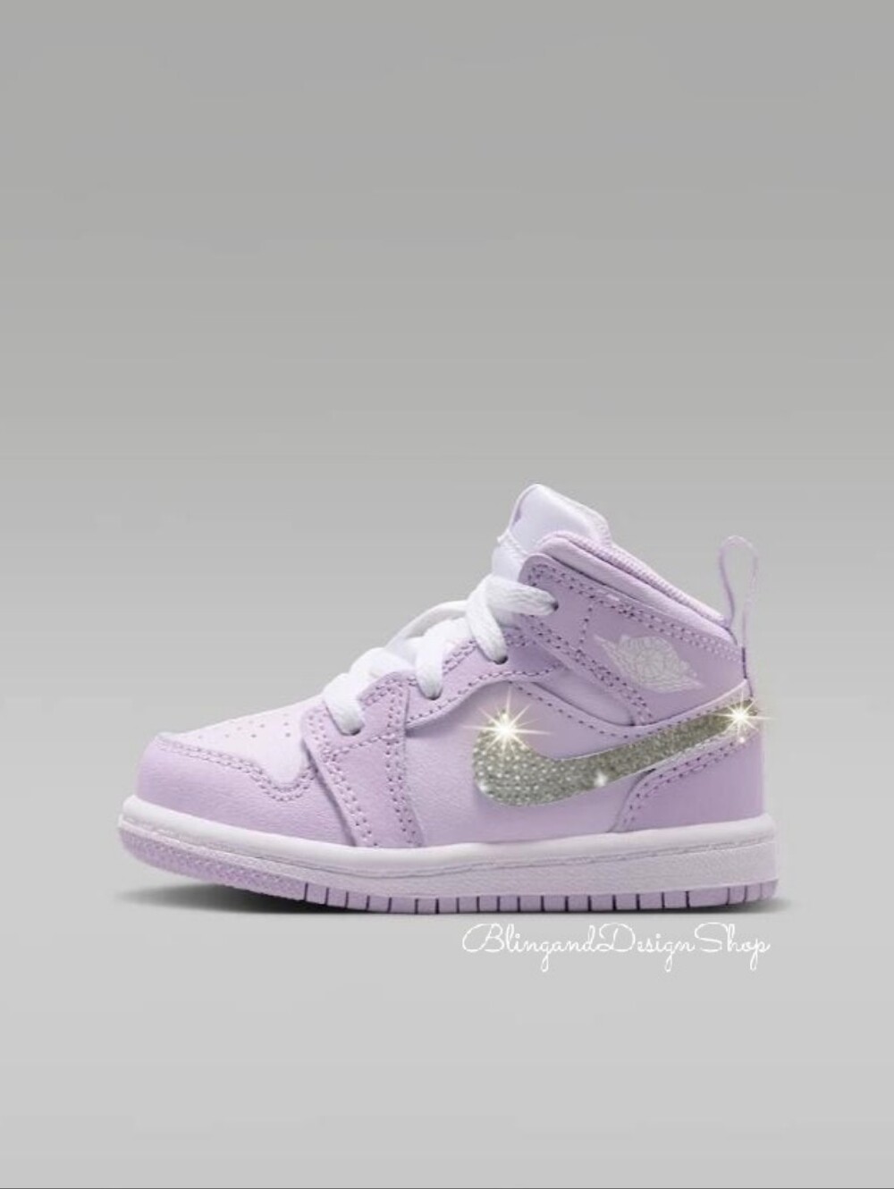 Girls Bling Purple Jordan 1 Mid Sneakers Custom With Clear Swarovski Crystals